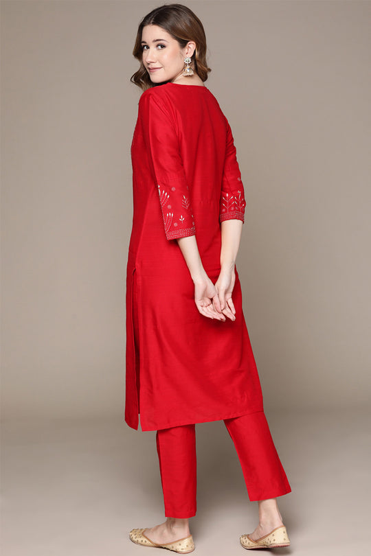 Women's Red Embroidered Kurta Set with Trousers