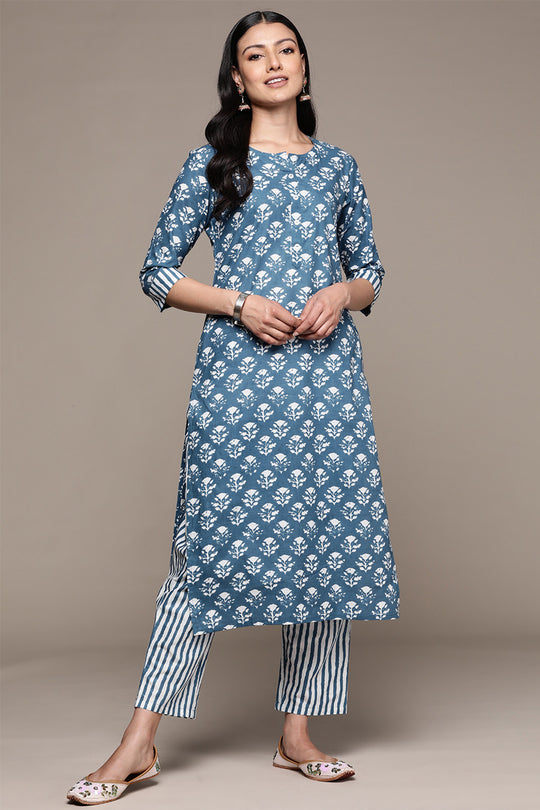 Women's Blue Cotton Straight Kurta Suit Set