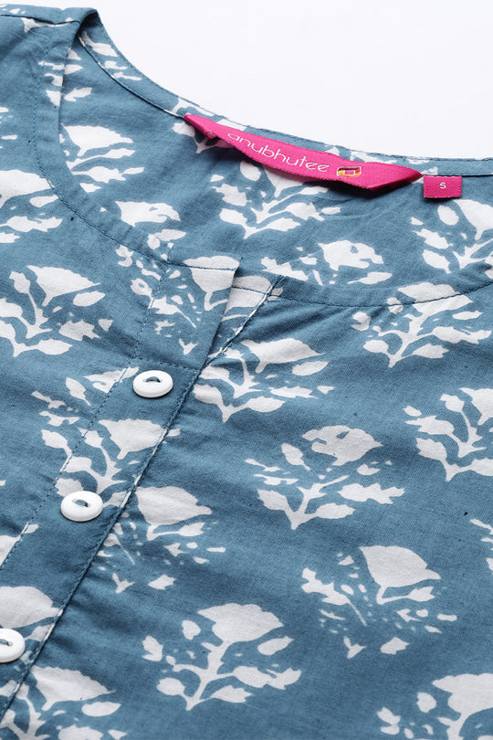 Women's Blue Cotton Straight Kurta Suit Set