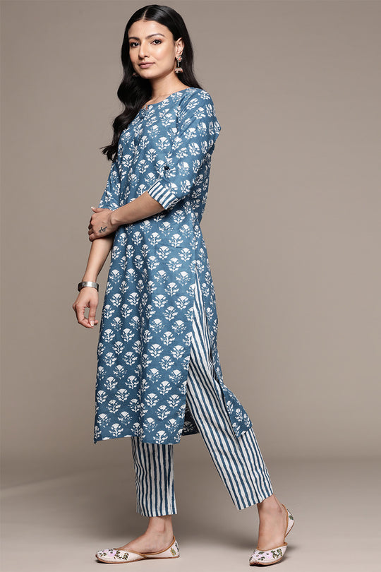 Women's Blue Cotton Straight Kurta Suit Set