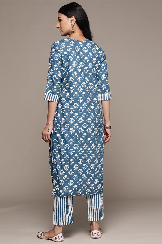 Women's Blue Cotton Straight Kurta Suit Set