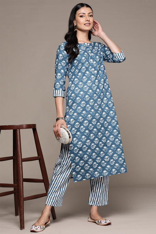 Women's Blue Cotton Straight Kurta Suit Set