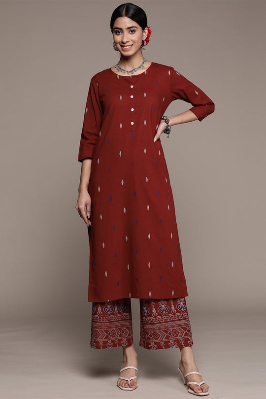 Women's Red Ethnic Cotton Kurta Set