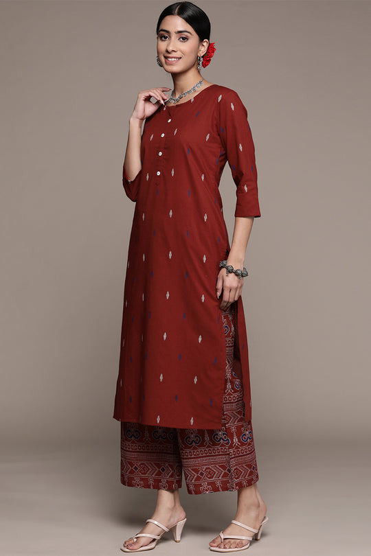 Women's Red Ethnic Cotton Kurta Set