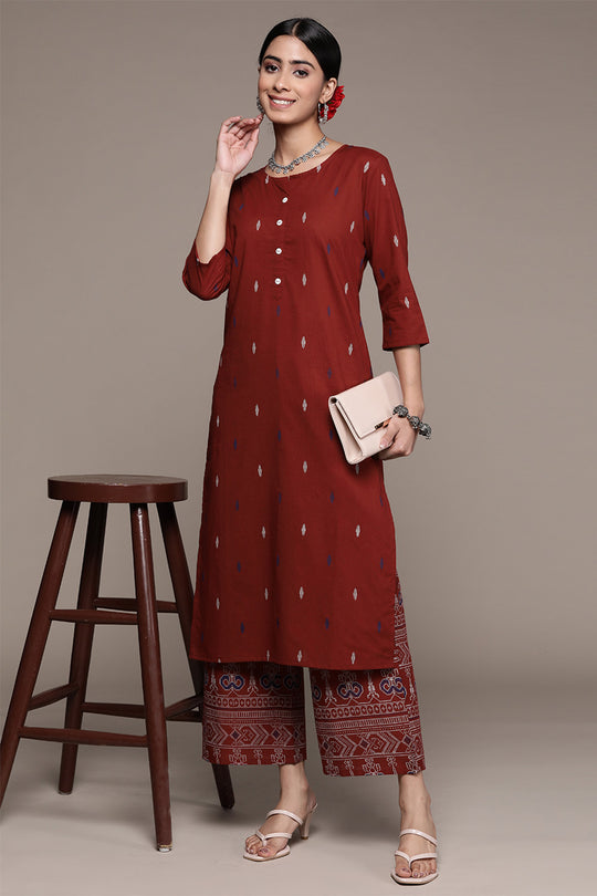 Women's Red Ethnic Cotton Kurta Set