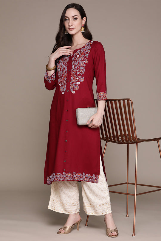 Women's Maroon Kurta Set
