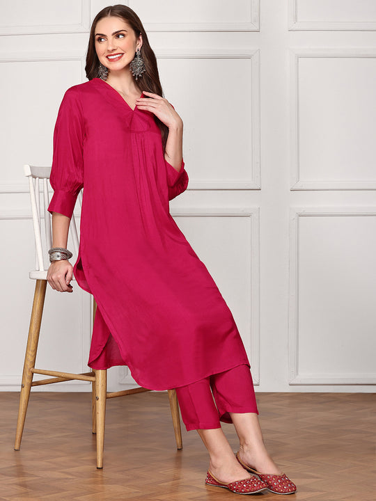V-Neck  solid Kurta With Trouser