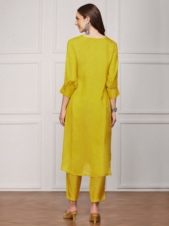 Yellow V-Neck Kurta With Trouser