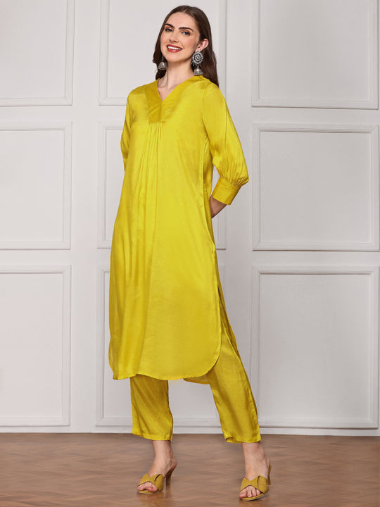 Yellow V-Neck Kurta With Trouser