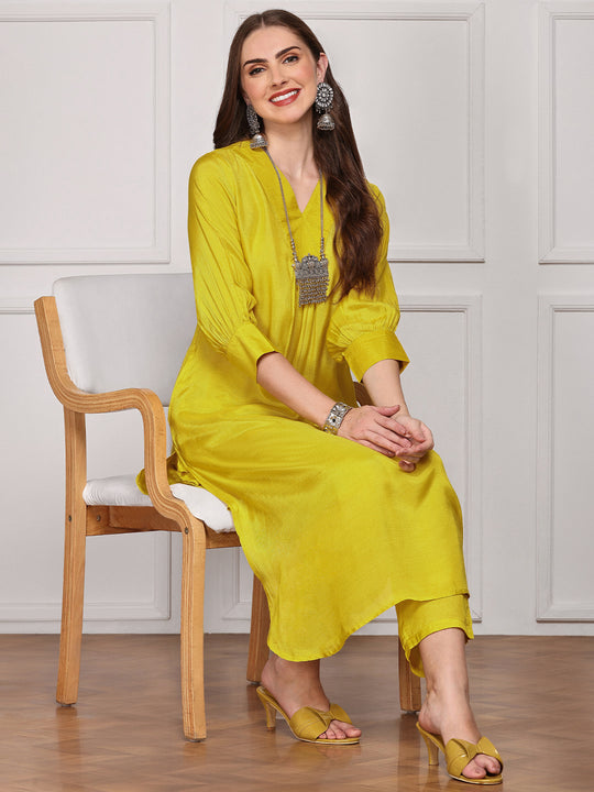 Yellow V-Neck Kurta With Trouser