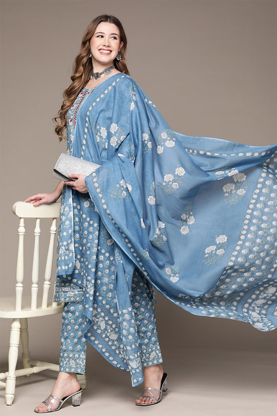 Womens Blue Cotton Kurta Set