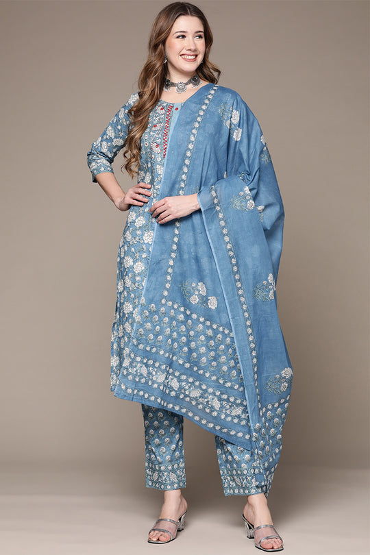 Womens Blue Cotton Kurta Set