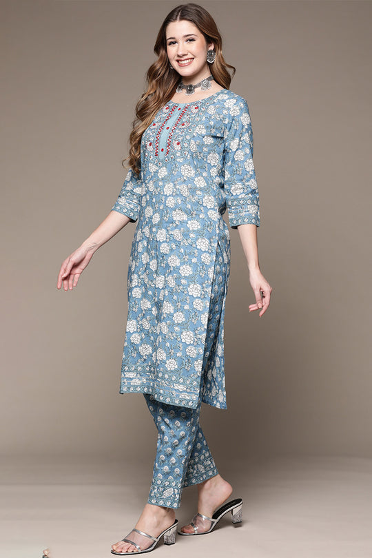 Womens Blue Cotton Kurta Set