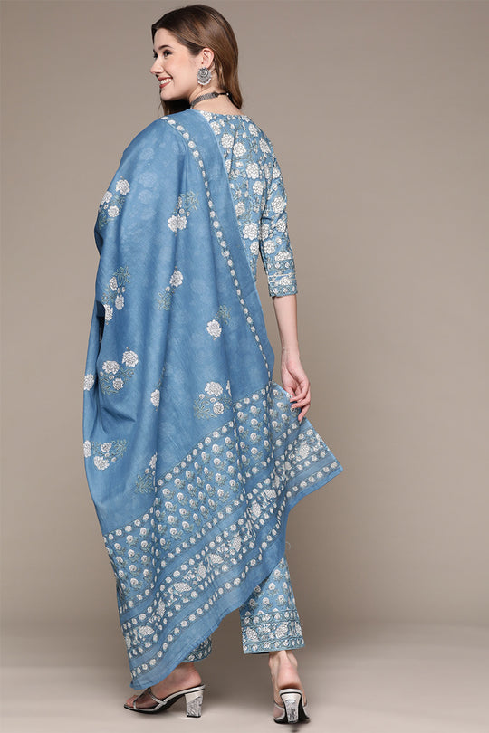 Womens Blue Cotton Kurta Set