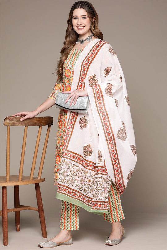 Women Green Floral Cotton Kurta Set