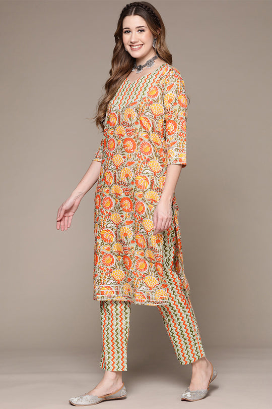 Women Green Floral Cotton Kurta Set