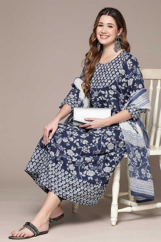 Women Blue Ethnic Cotton Kurta Set