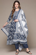 Women Blue Ethnic Cotton Kurta Set