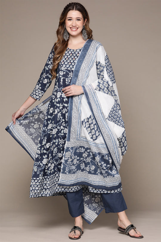 Women Blue Ethnic Cotton Kurta Set