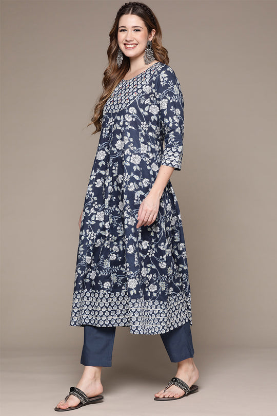 Women Blue Ethnic Cotton Kurta Set