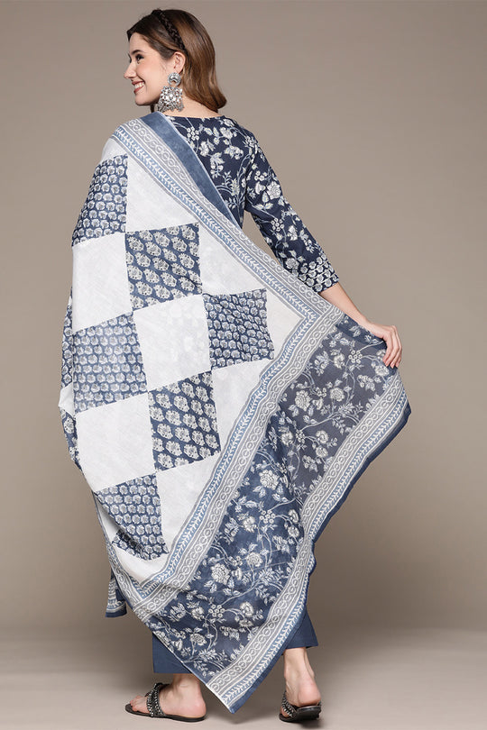 Women Blue Ethnic Cotton Kurta Set