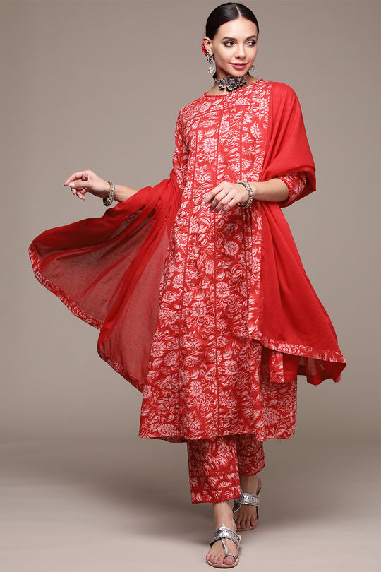 Women Red Floral Kurta Set