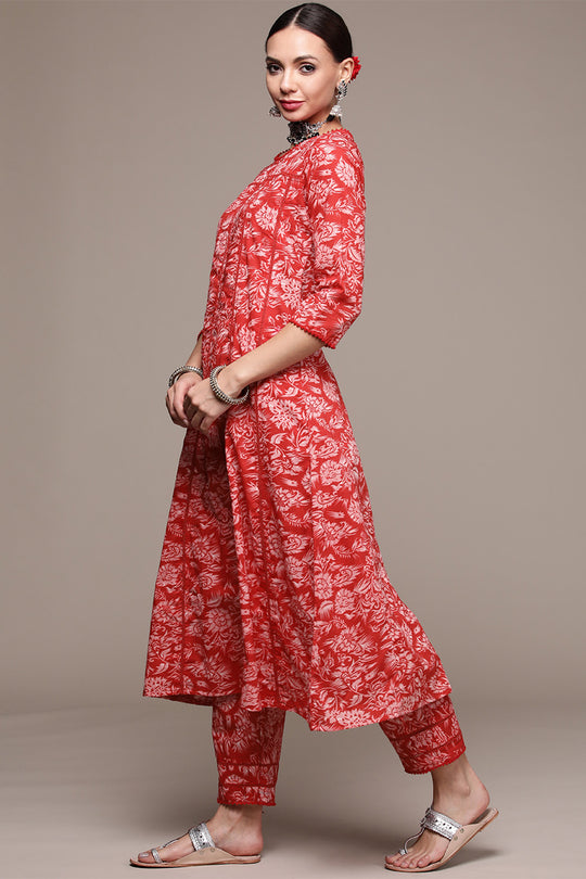 Women Red Floral Kurta Set