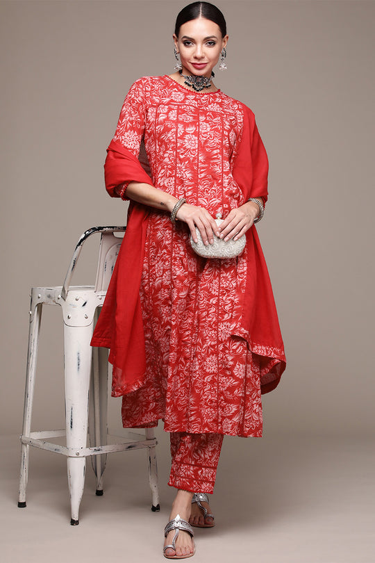 Women Red Floral Kurta Set