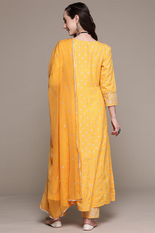 Women Mustard Yellow Kurta with Trousers With Dupatta