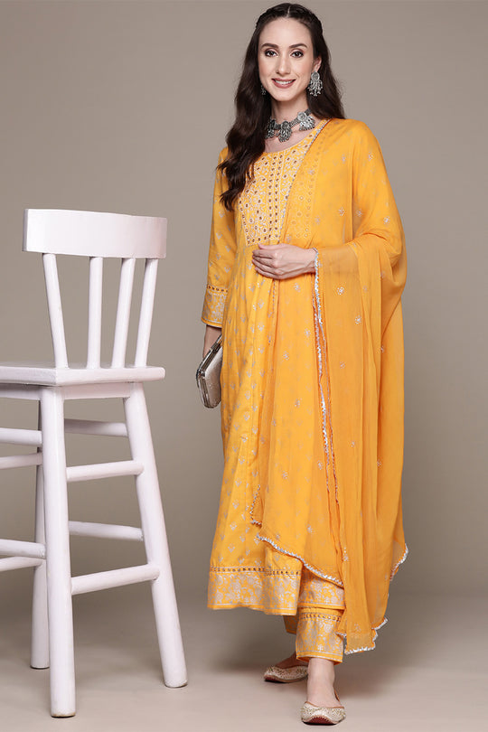 Women Mustard Yellow Kurta with Trousers With Dupatta