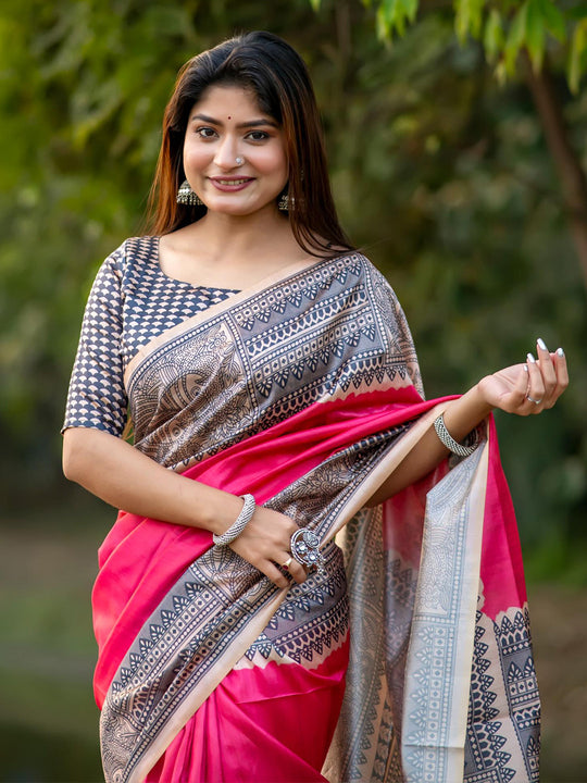Pink Tusser Silk Saree With Blouse Piece