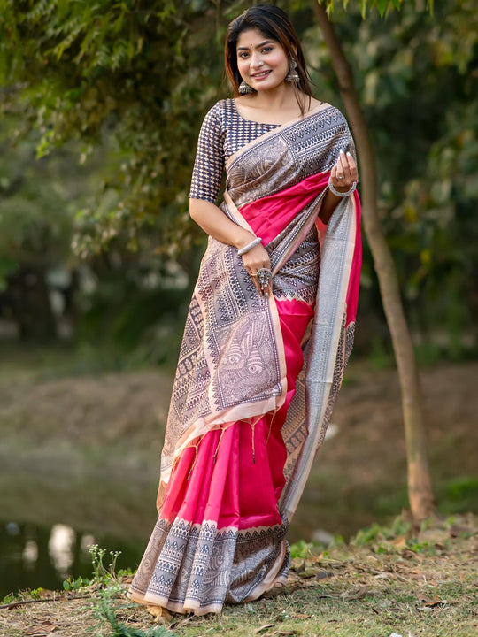 Pink Tusser Silk Saree With Blouse Piece