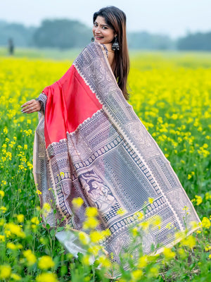 Red Tusser Silk Saree With Blouse Piece