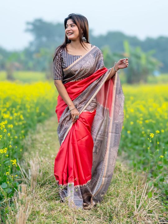 Red Tusser Silk Saree With Blouse Piece