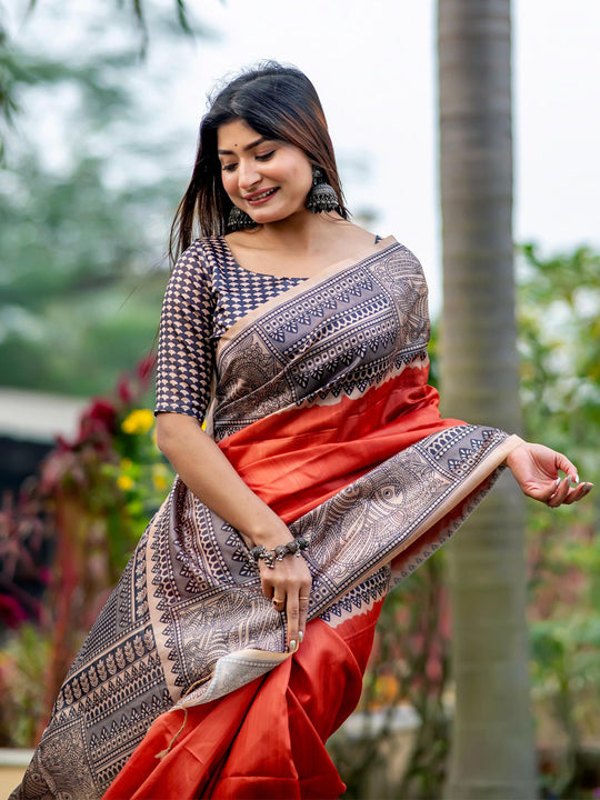 Orange Tusser Silk Saree With Blouse Piece