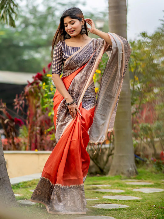 Orange Tusser Silk Saree With Blouse Piece