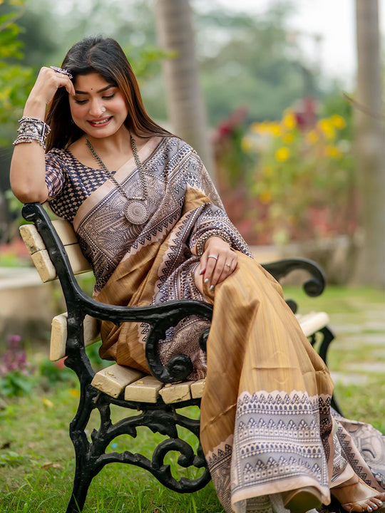 Beige Tusser Silk Saree With Blouse Piece