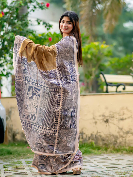 Beige Tusser Silk Saree With Blouse Piece