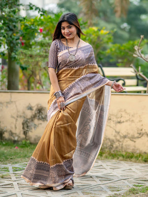 Beige Tusser Silk Saree With Blouse Piece