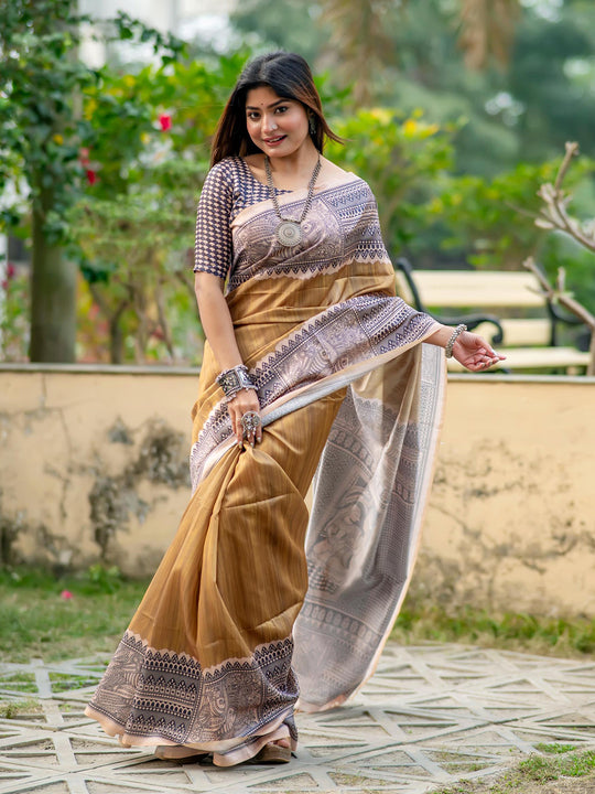 Beige Tusser Silk Saree With Blouse Piece