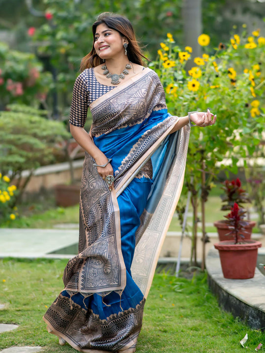 Blue Tusser Silk Saree With Blouse Piece
