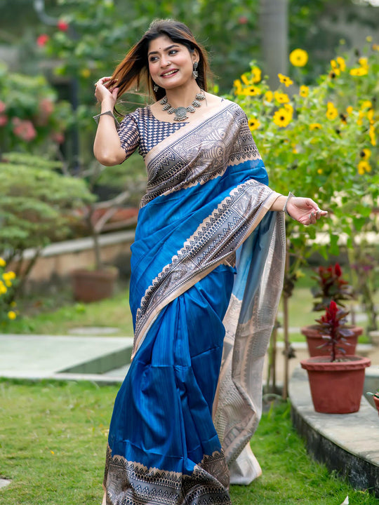 Blue Tusser Silk Saree With Blouse Piece