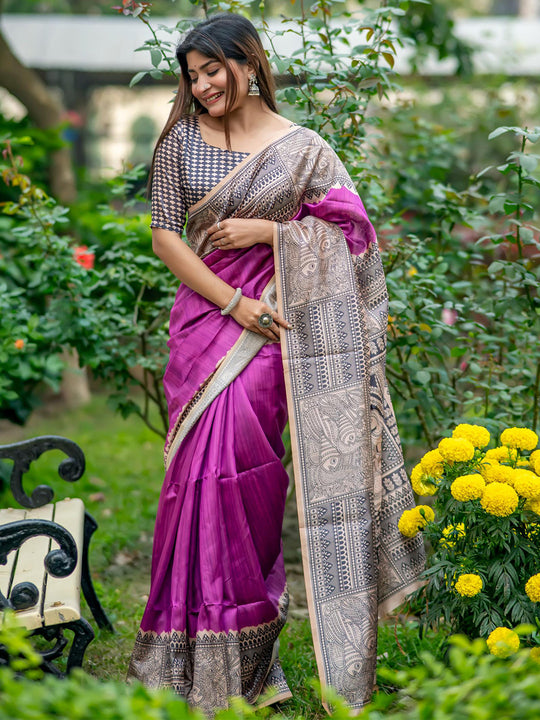 Purple Tusser Silk Saree With Blouse Piece