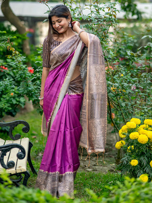 Purple Tusser Silk Saree With Blouse Piece