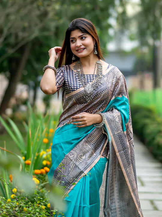 Sea Green Tusser Silk Saree With Blouse Piece