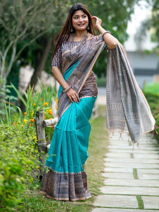 Sea Green Tusser Silk Saree With Blouse Piece