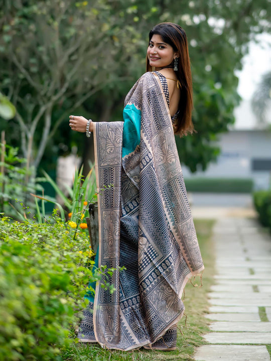 Sea Green Tusser Silk Saree With Blouse Piece