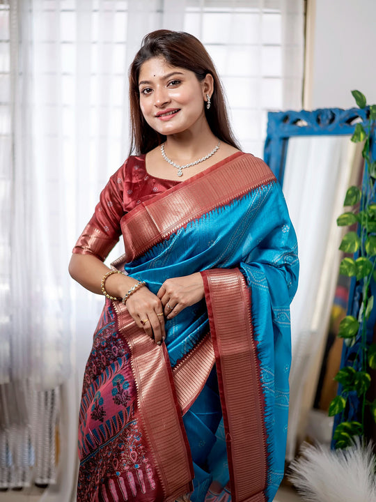 Blue Raw Silk Saree With Blouse Piece