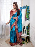 Blue Raw Silk Saree With Blouse Piece