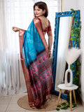 Blue Raw Silk Saree With Blouse Piece